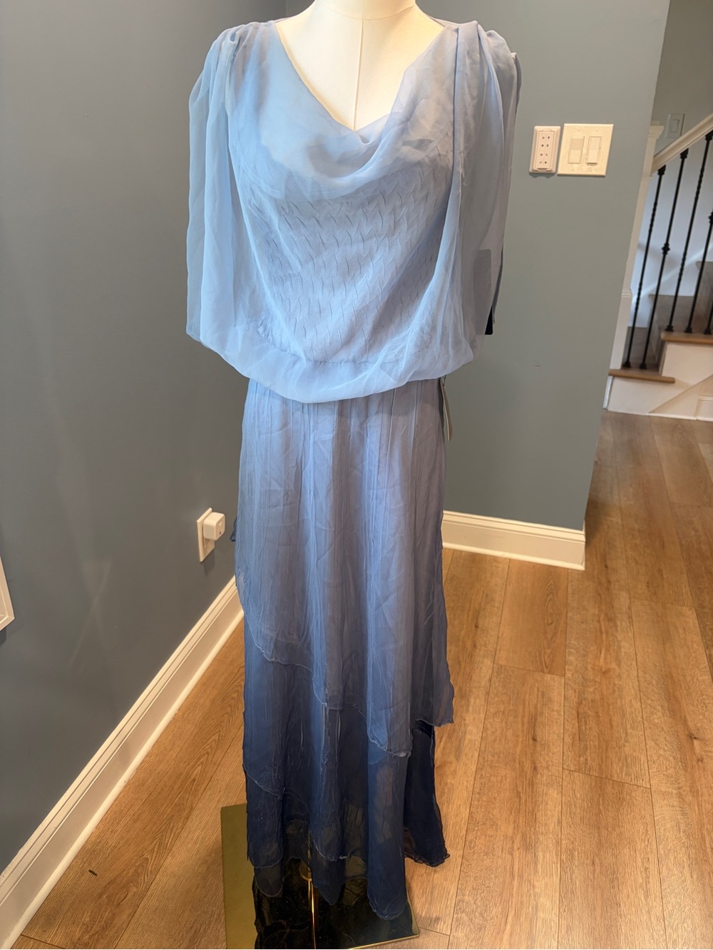 Komarov Blue Ombre Chiffon Tiered Maxi Dress Draped Cape Small NWT